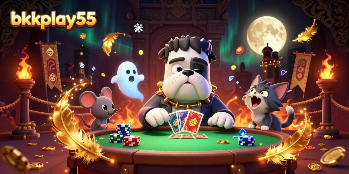 bkkplay55 captivates with fun gambling action featuring a Frankenstein bulldog, a ghost mouse, and a golden werewolf kitten.