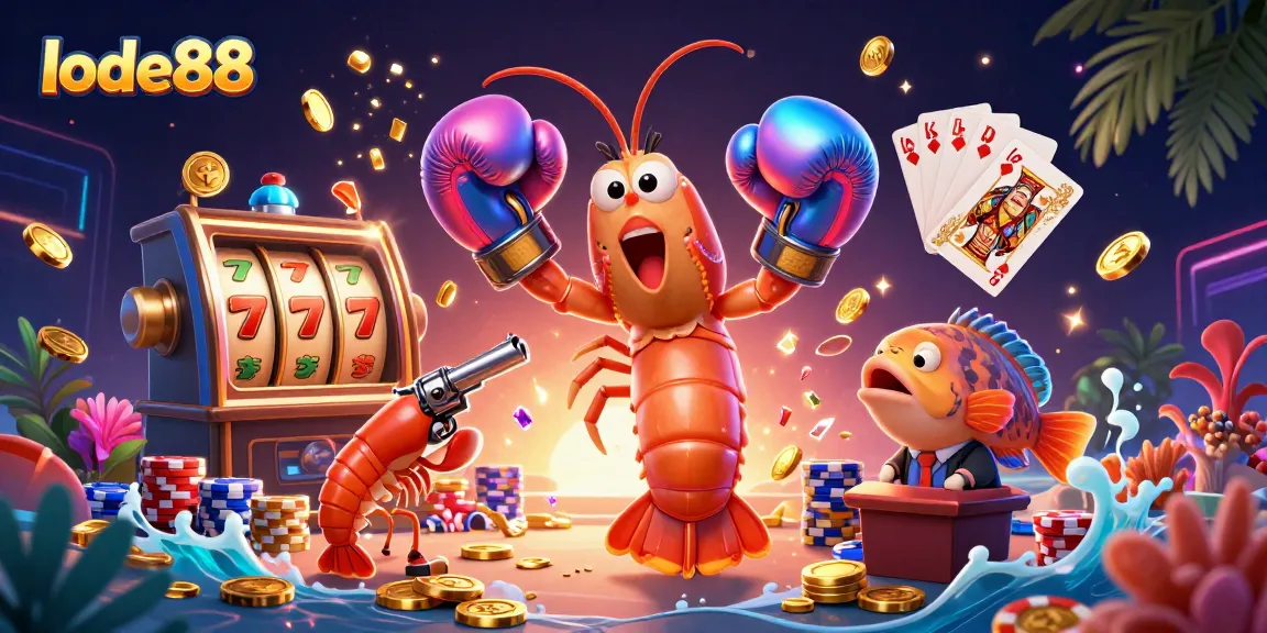 Lode88 showcases a vibrant 3D scene with animated shrimp characters and casino elements, symbolizing thrilling online gaming.