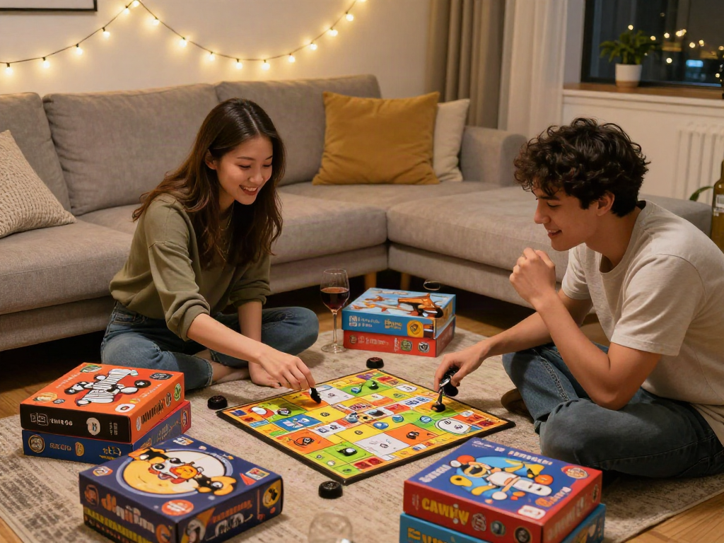 Couple enjoying sex games in a cozy setting with playful atmosphere.
