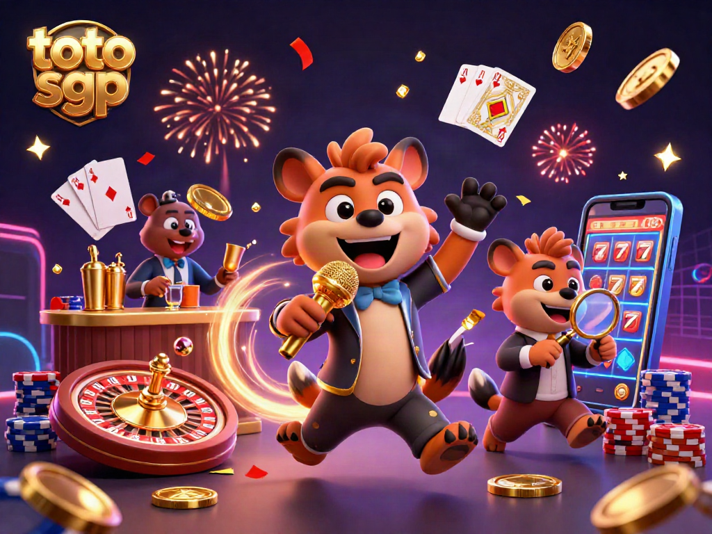 Experience the excitement of toto sgp with illustrated hyenas at a lively casino club scene filled with gold and fun.