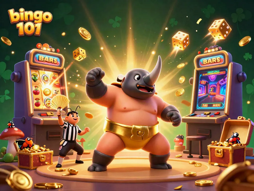 Permainan bingo 101 dengan ilustrasi kartun bug juara, menggugurkan koin emas dan gemerlap.