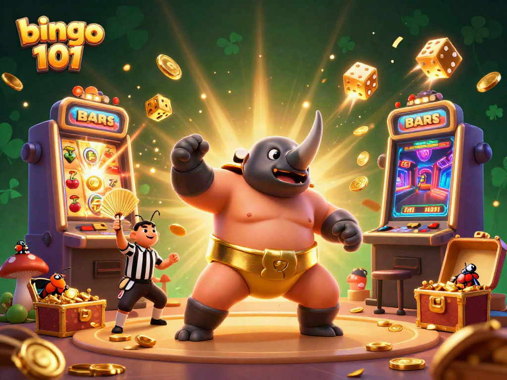 Permainan bingo 101 dengan ilustrasi kartun bug juara, menggugurkan koin emas dan gemerlap.