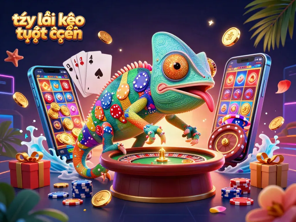 Experience the action of tỷ lệ kèo trực tuyến as a vibrant chameleon casino owner captures golden coins among games!