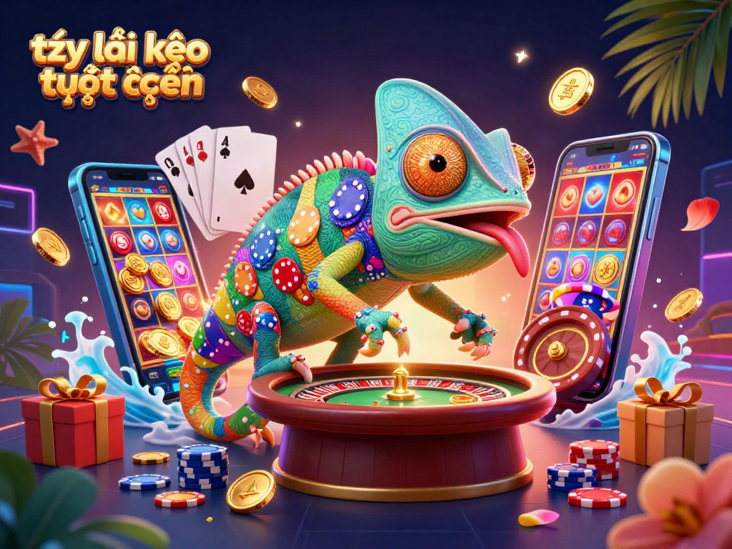 Experience the action of tỷ lệ kèo trực tuyến as a vibrant chameleon casino owner captures golden coins among games!