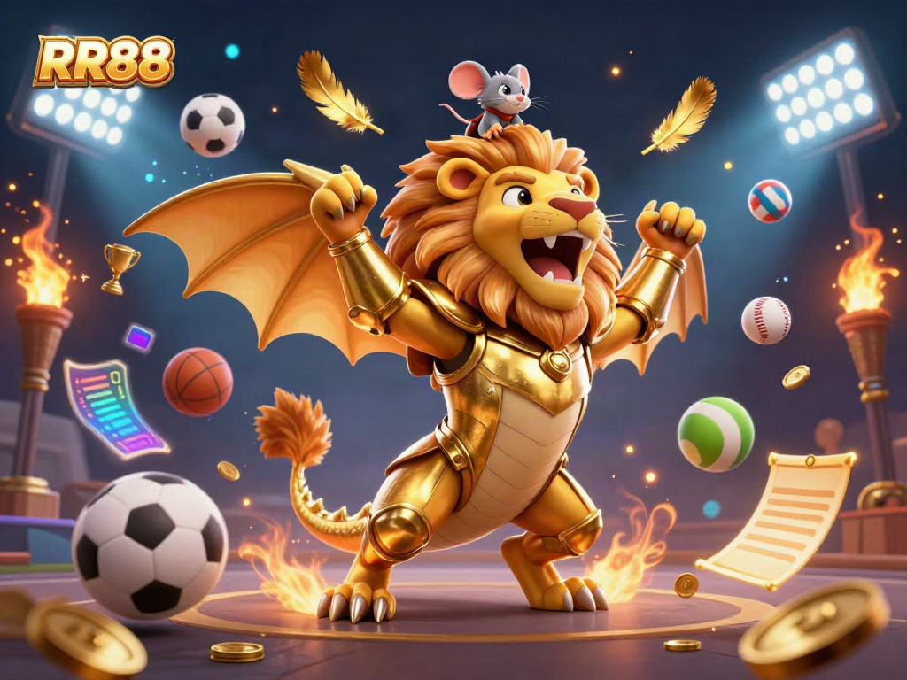 RR88 showcases a thrilling gaming experience with a 3D chimera creature triumphantly roaring, amidst vibrant gambling elements.