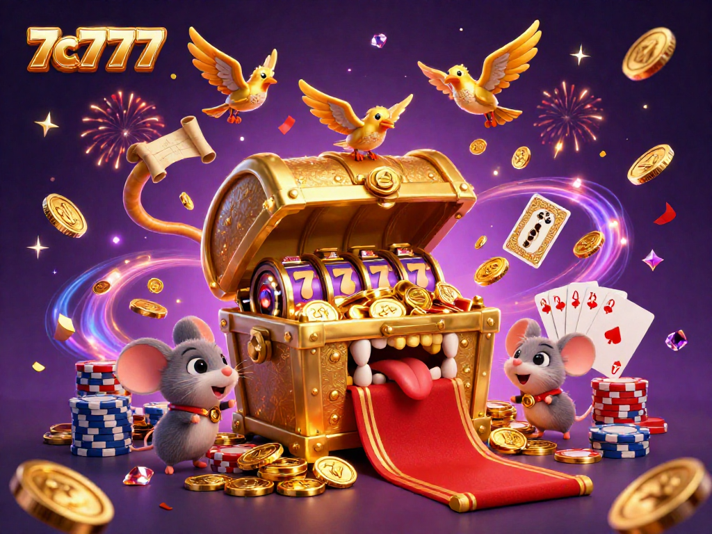 Engage in 7c777's animated casino adventure featuring vibrant slot reels and magical treasures.