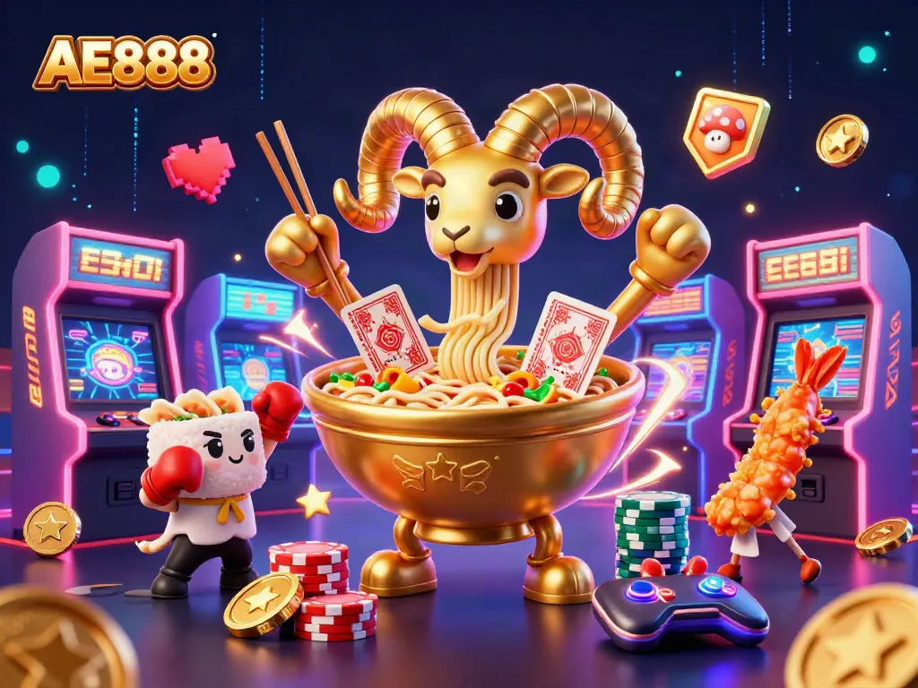 Engage in exciting gameplay with AE888 featuring a giant ramen bowl dealer and vibrant casino elements.