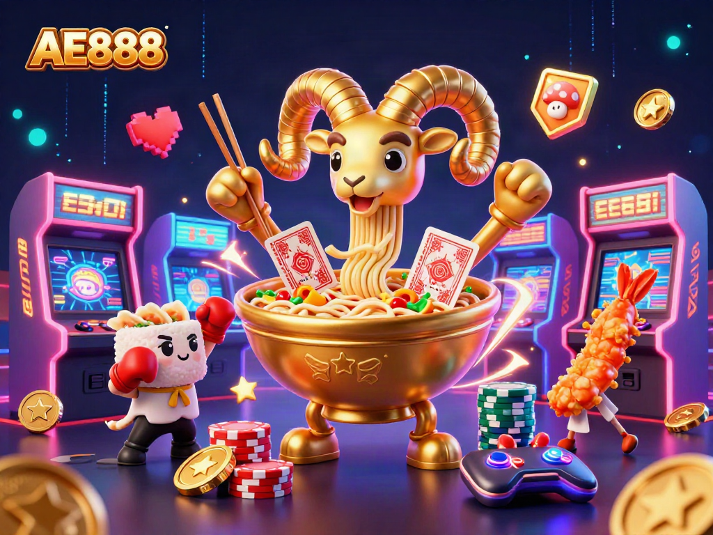 Engage in exciting gameplay with AE888 featuring a giant ramen bowl dealer and vibrant casino elements.