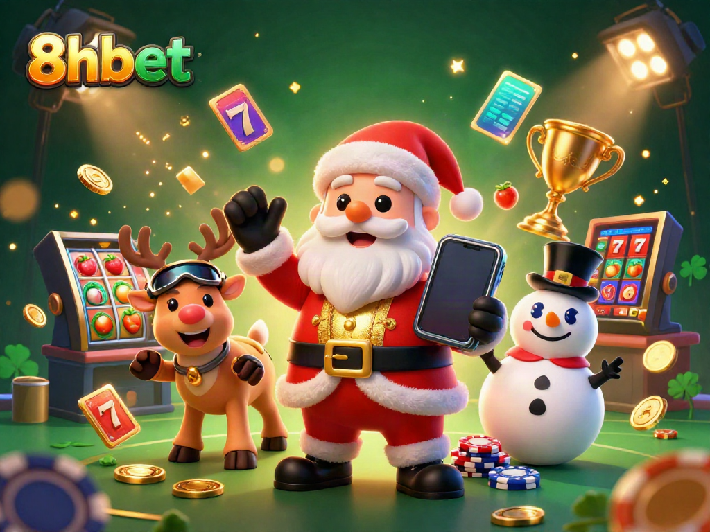 8xbet jackpots come alive with Santa, reindeer, and a snowman in a vibrant casino scene.