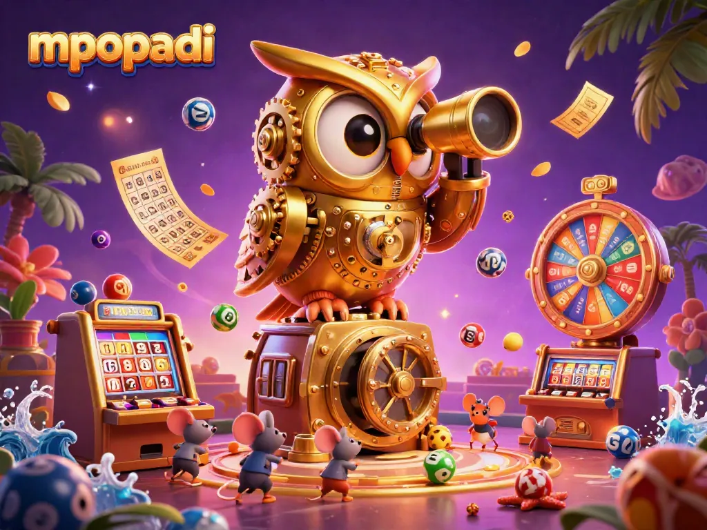 Engage with MPOPADI's thrilling slots experience, featuring a whimsical clockwork owl and lively game elements.