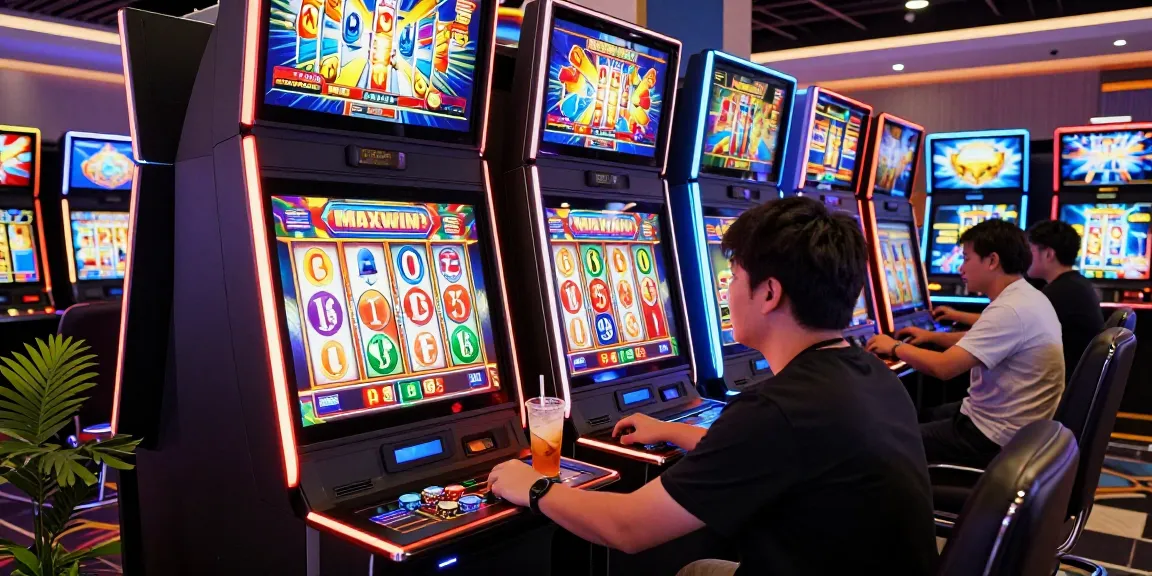 Player immersed in slot maxwin gaming experience at a modern casino, vibrant visuals and engaging atmosphere.