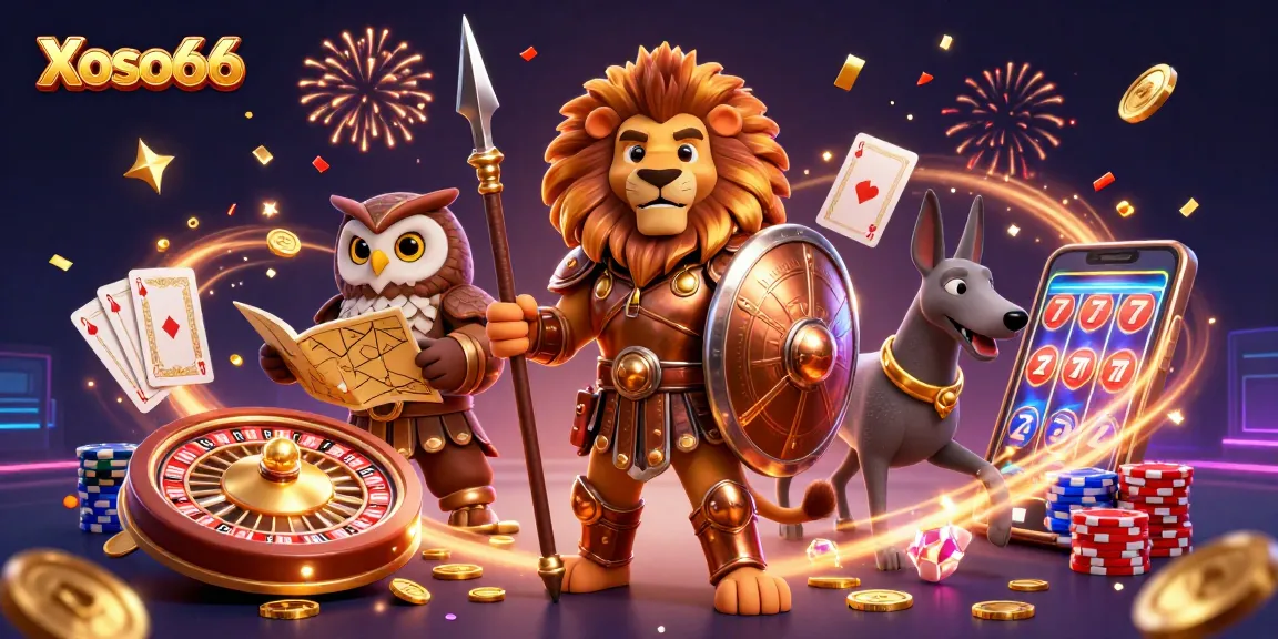 Xoso66 brings excitement with a vibrant 3D scene of an armored lion, owl strategist, and greyhound messenger in a dynamic casino setting.