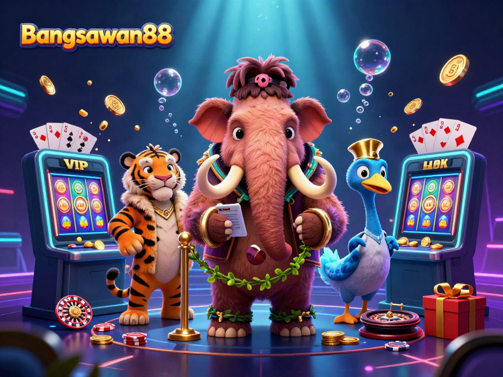 Bangsawan88 casino scene featuring a woolly mammoth bouncer, saber-tooth tiger guest, and dodo doorman amidst vibrant gaming elements.
