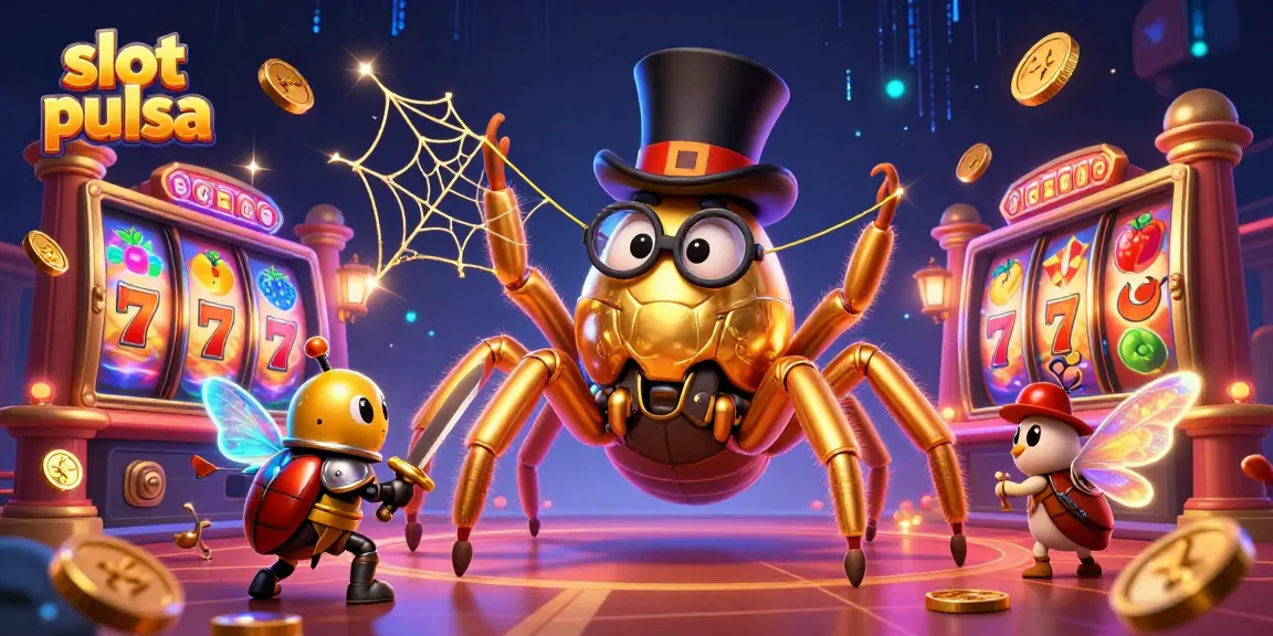 Engage with slot pulsa as a golden tarantula weaves a web amid vibrant slot reels and gaming elements.