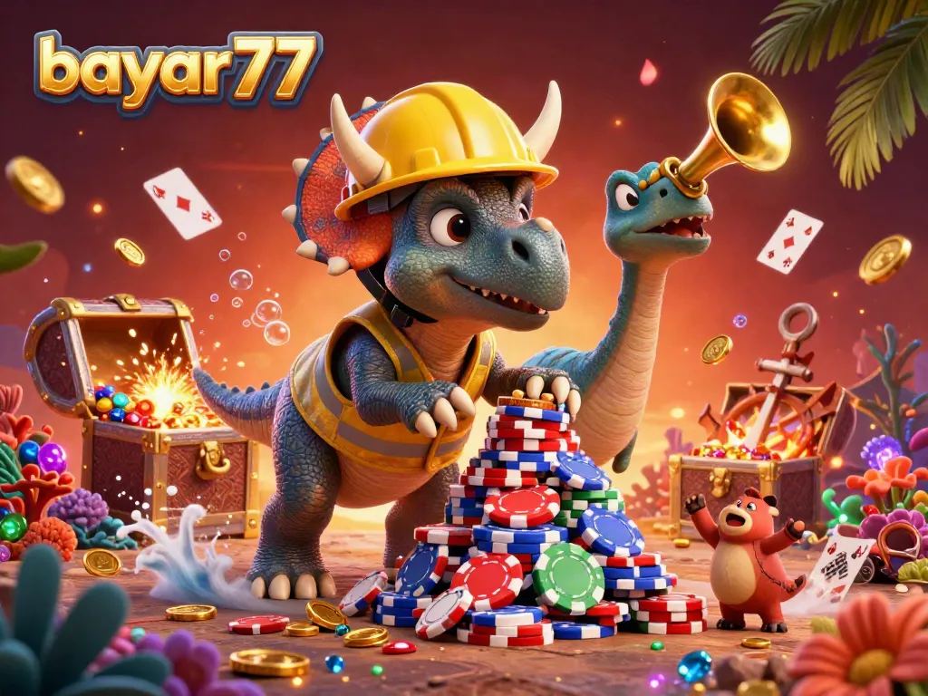 Experience the excitement of bayar77 with this vibrant illustration showcasing a triceratops building poker chips and celebrating!