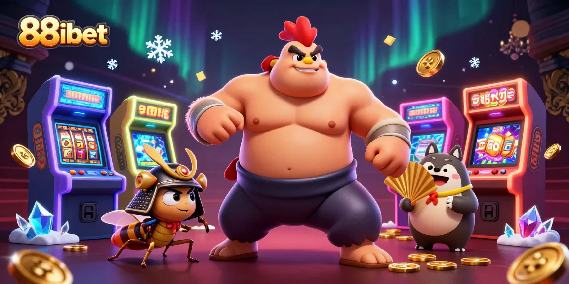 Experience thrilling 88ibet gaming with colorful machines and a powerful sumo wrestler.