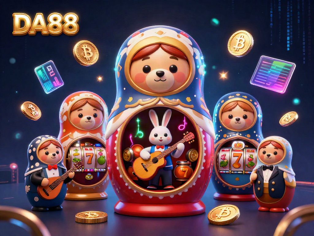 Experience the thrilling atmosphere of DA88 casino with colorful characters and vibrant slot elements.