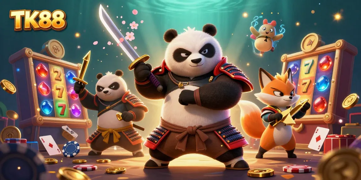 Engage with TK88's vibrant casino scene featuring samurai panda, ninja fox, and tanuki amidst slot reels and coins.