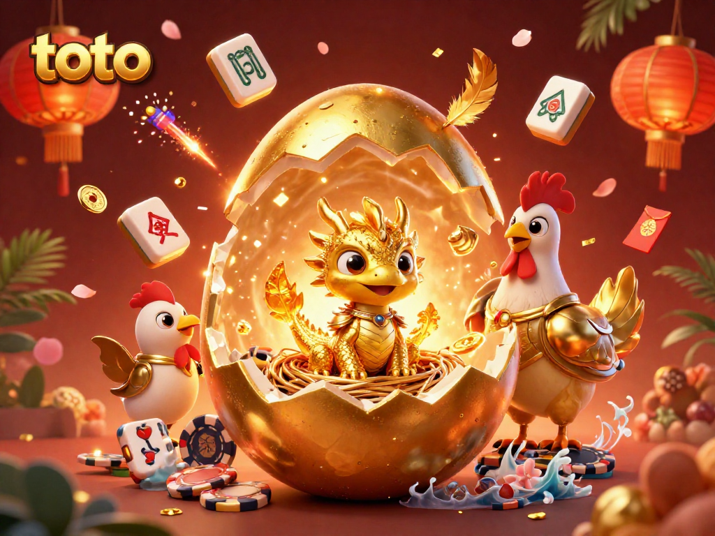 Permainan toto dengan naga kecil dari telur emas di tengah tumpukan chip poker dan lampion merah.