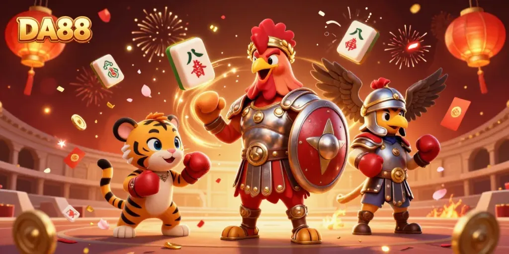 Engage with DA88 as a heroic rooster and friends celebrate in a vibrant casino-themed arena.
