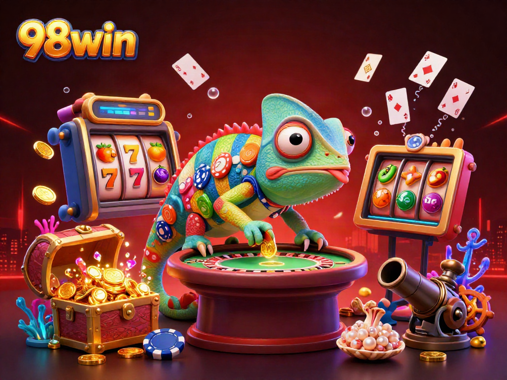 Win big with 98win's vibrant casino scene featuring colorful slots and engaging gameplay elements.