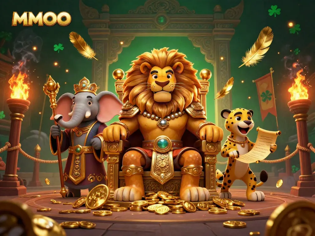 Experience the thrill of MMOO as a lion king and his advisors strategize amidst golden gaming elements.