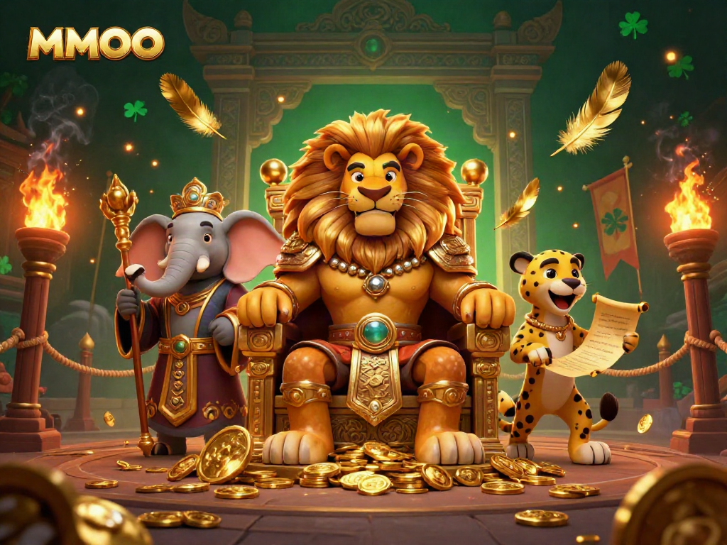 Experience the thrill of MMOO as a lion king and his advisors strategize amidst golden gaming elements.