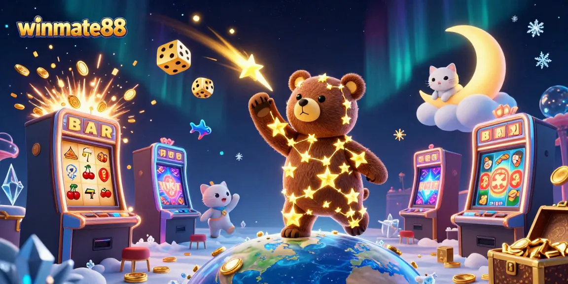 Experience winmate88 with a 3D illustration of cartoon characters enjoying an exciting casino atmosphere filled with slots and treasures.