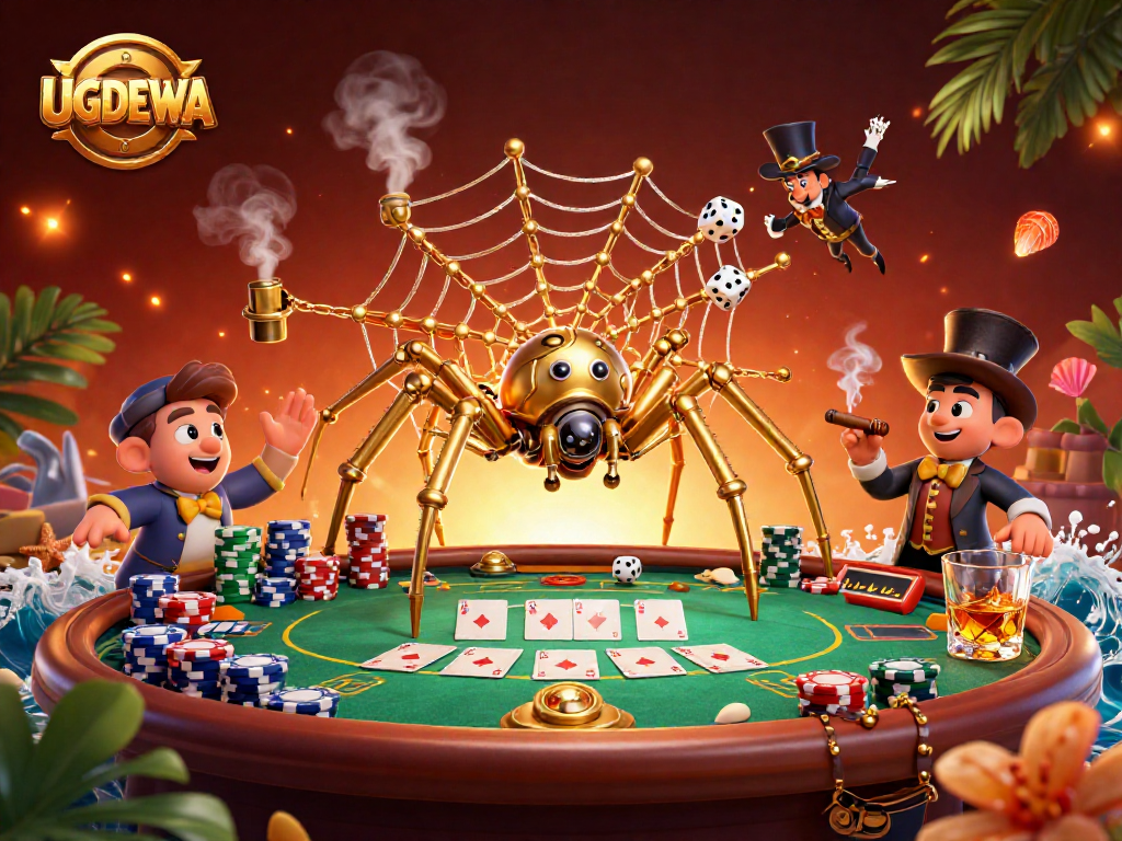 Engage with UGDEWA: Experience a thrilling 3D illustration of a golden spider ensnaring dice and poker chips in a vibrant casino scene.