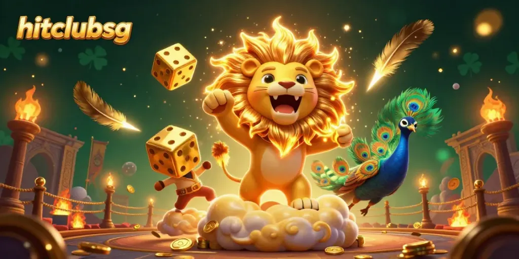 Join the action with hitclubsg as the sun lion roars triumphantly amidst gold coins and vibrant casino elements