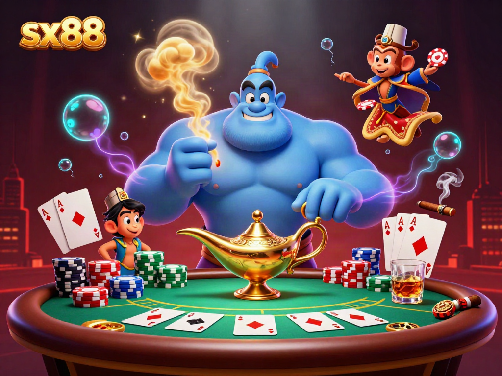 Experience thrilling poker action with sx88 in this vibrant casino scene featuring a genie and monkey.