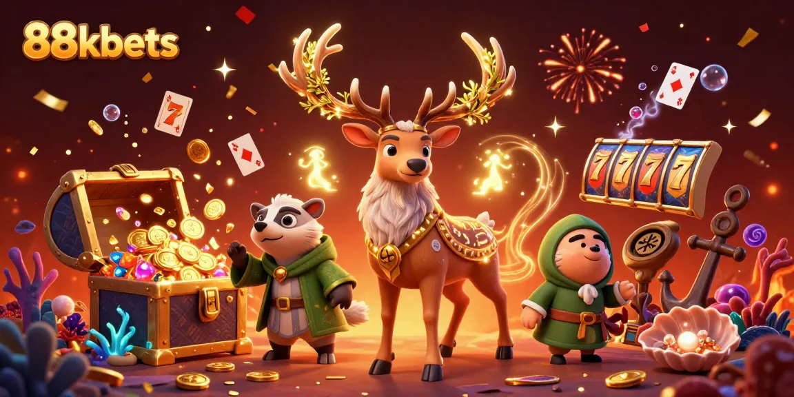 Engage with exciting slots at 88kbets, featuring a mystical stag and treasure-filled scene.