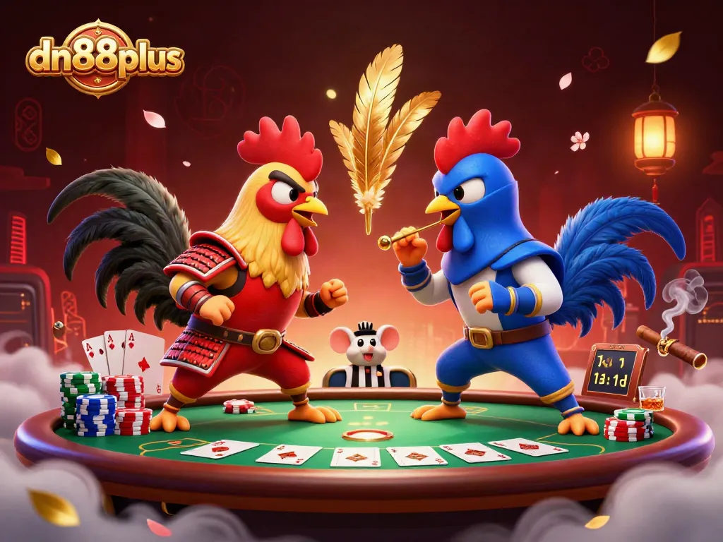 Experience thrilling gameplay at dn88plus with cartoon roosters battling over poker chips and cards.