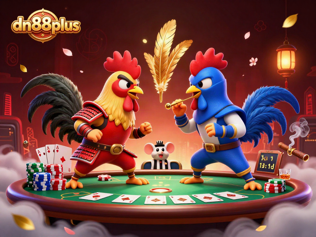 Experience thrilling gameplay at dn88plus with cartoon roosters battling over poker chips and cards.