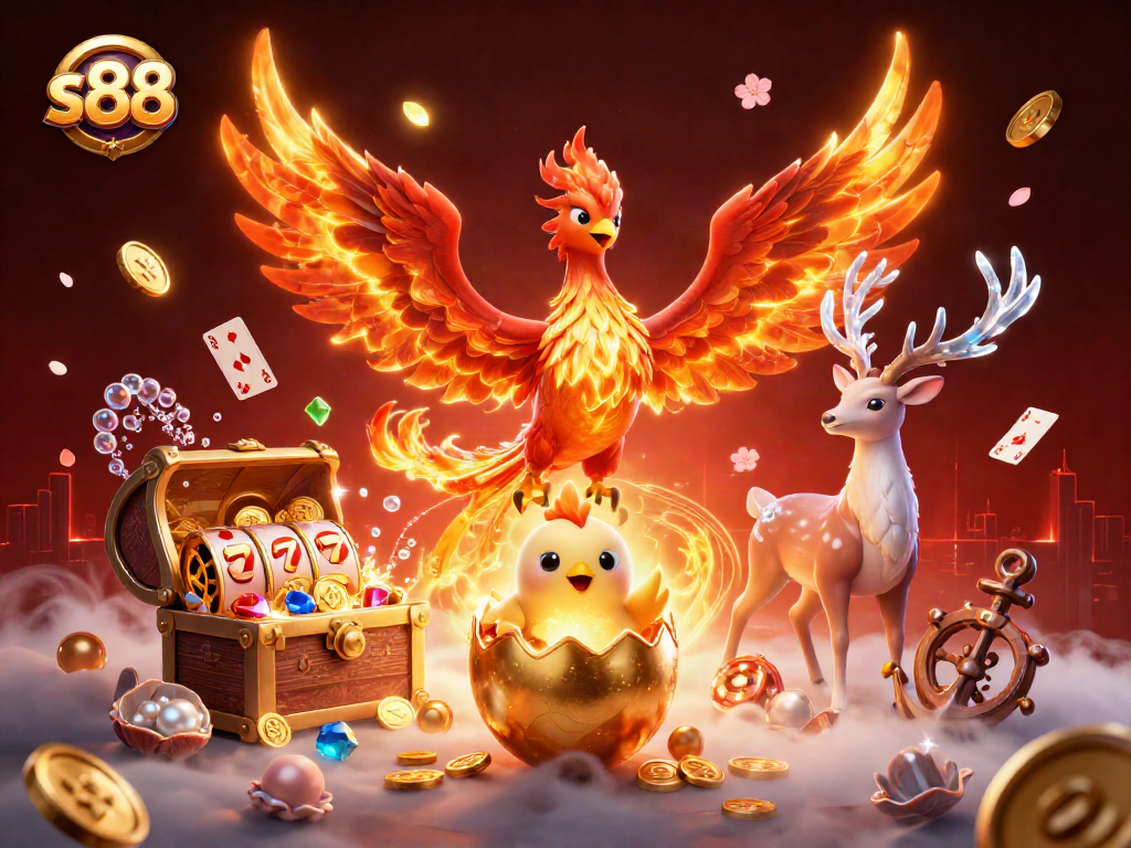 s88 phoenix soaring with slot reels and gold coins in vibrant casino scene
