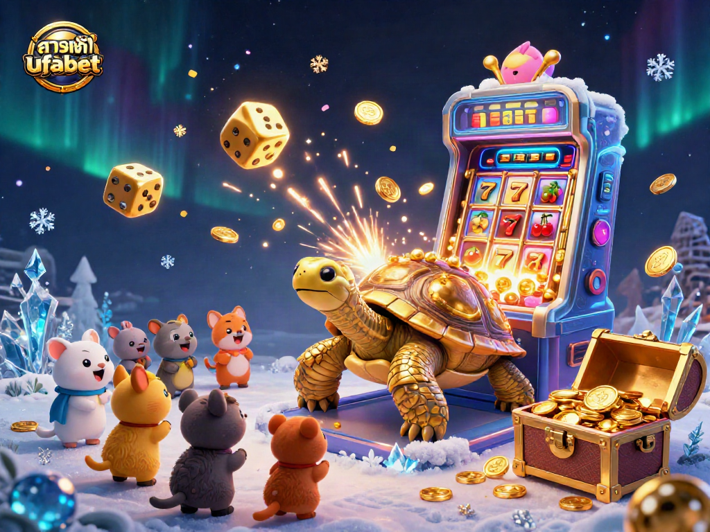 Experience exciting gameplay with ทางเข้า ufabet, featuring a golden tortoise pinball machine and a jackpot slot explosion.
