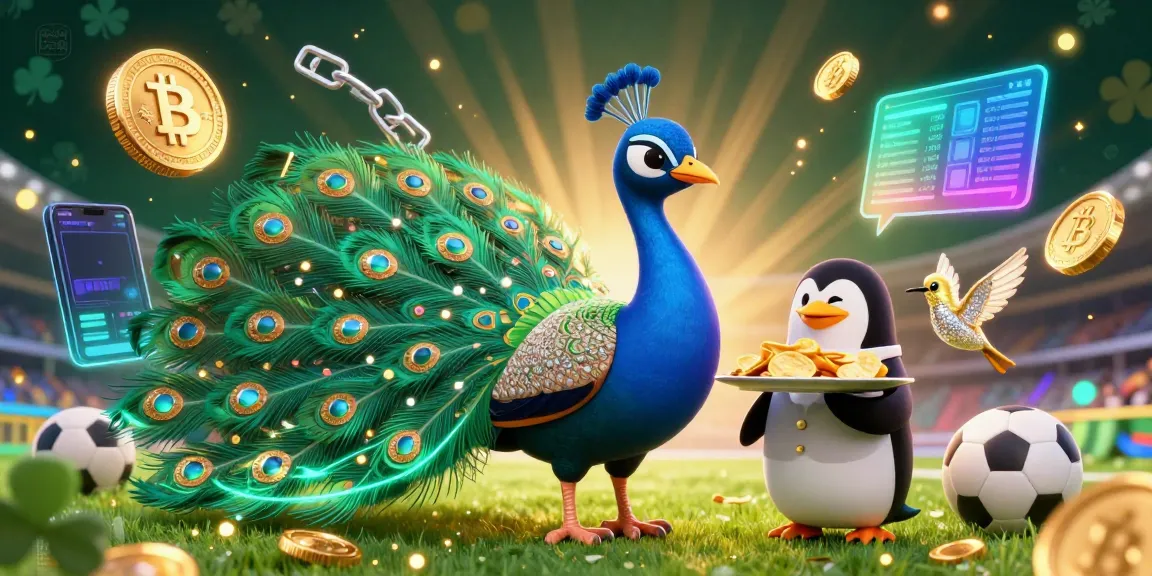 Bola16 sports betting illustration featuring a glamorous peacock and a butler penguin amidst vibrant crypto elements.