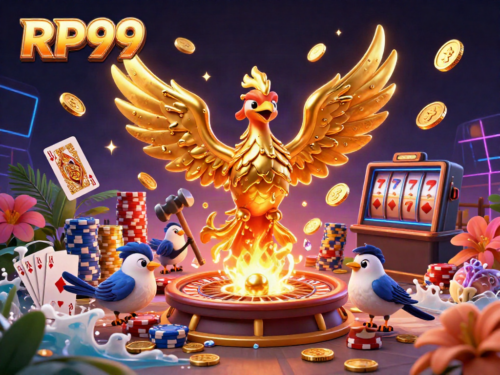 Experience thrilling gameplay with RP99 as golden coins rain from a melting phoenix in this stunning 3D casino scene.