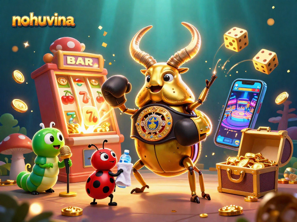 Win big at nohuvina with a striking 3D scene featuring a giant golden stag beetle in combat.