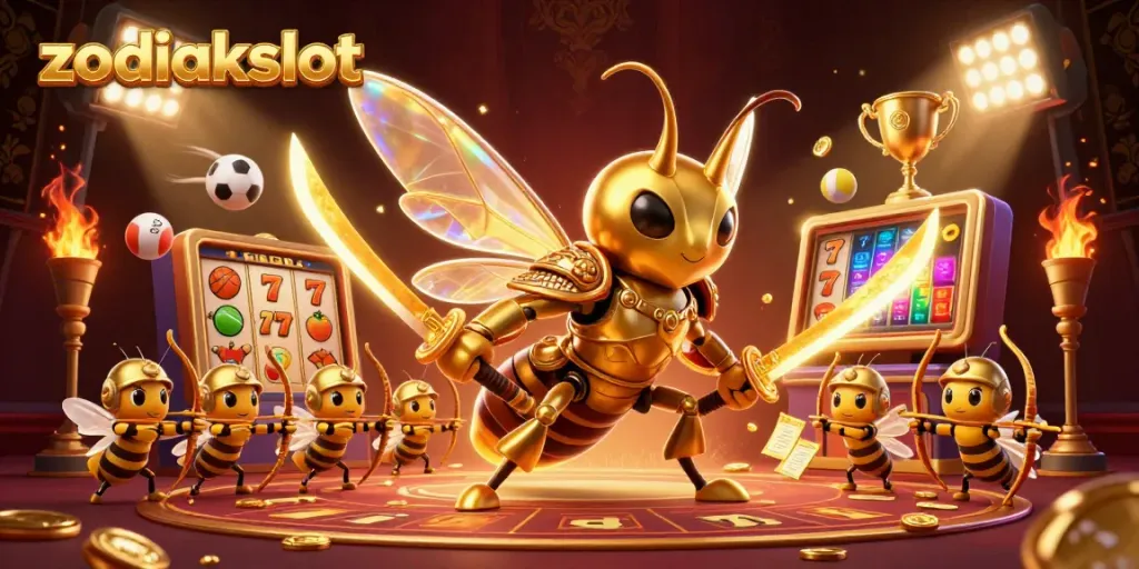 Permainan slot zodiakslot yang menarik dengan karakter kartun yang energik dan elemen kasino berkilau.