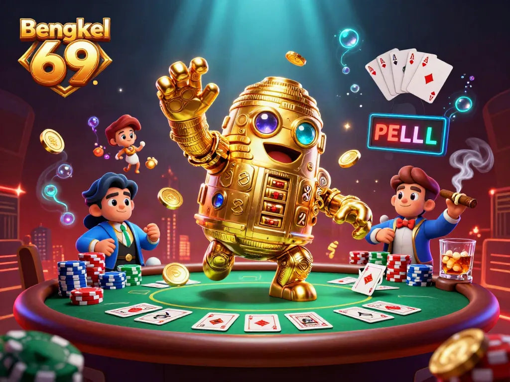 Experience thrills at Bengkel 69 with a dynamic slot and poker scene showcasing vibrant gaming elements.