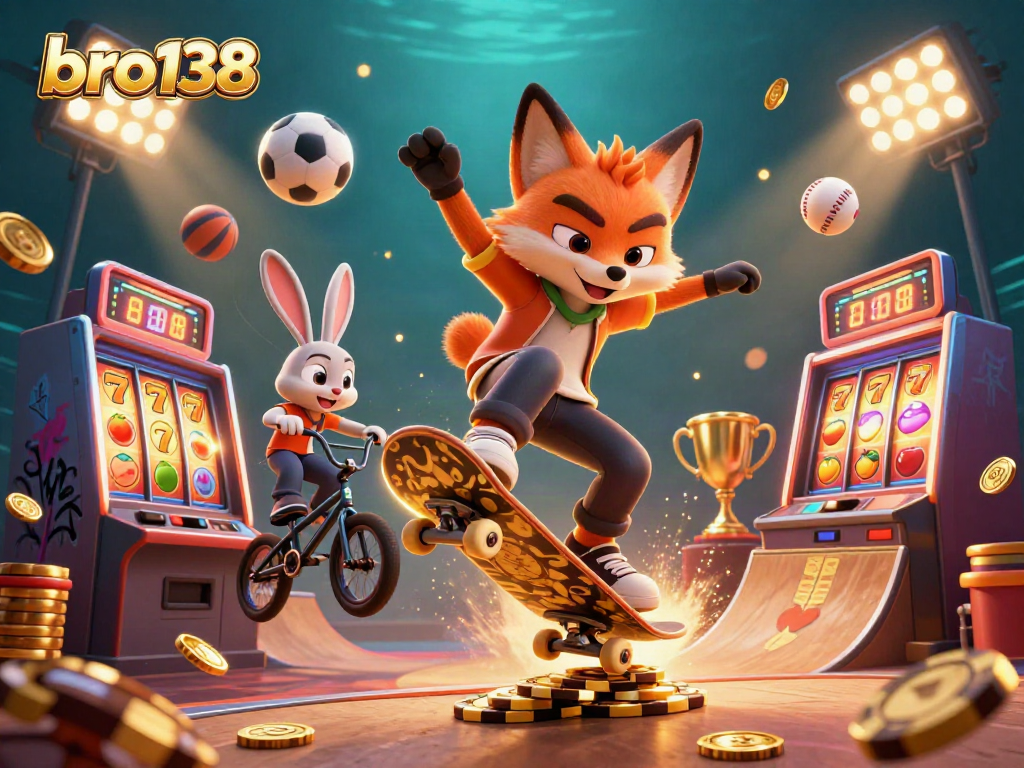 Bro138 menampilkan mesin slot dan karakter kartun dalam ilustrasi kasino.