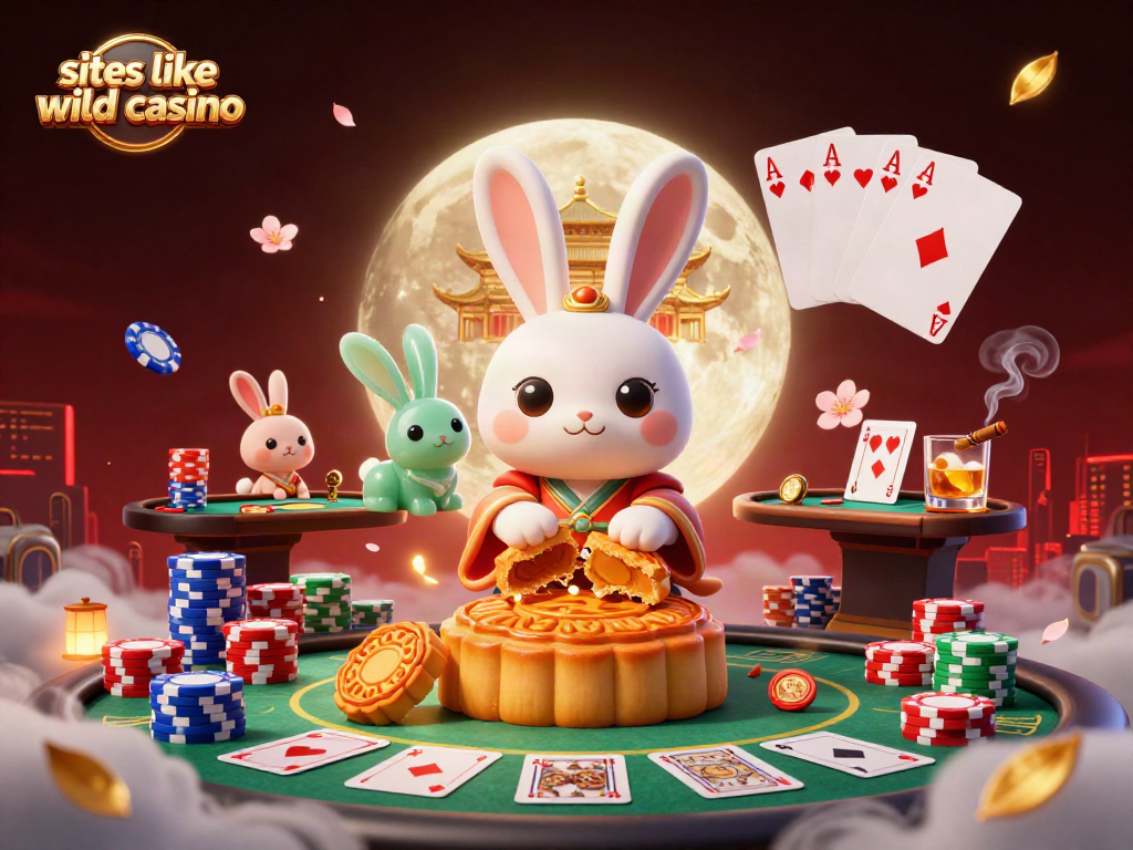 Sites like Wild Casino showcase a vibrant 3D illustration of a moon rabbit revealing poker chips.