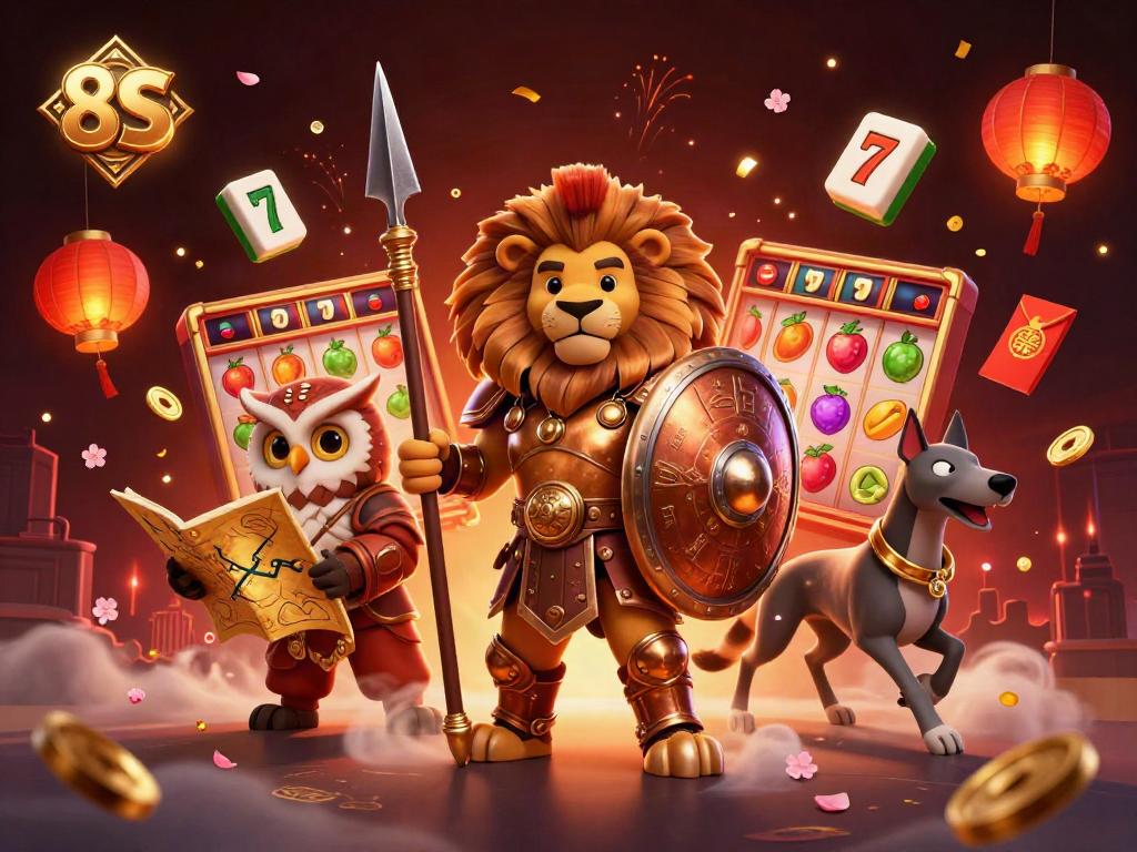 Engaging casino scene with 8S-themed characters amidst slot reels and festive elements.