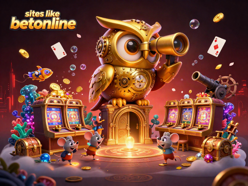 Play and win at sites like betonline as a colorful golden owl watches over casino excitement.