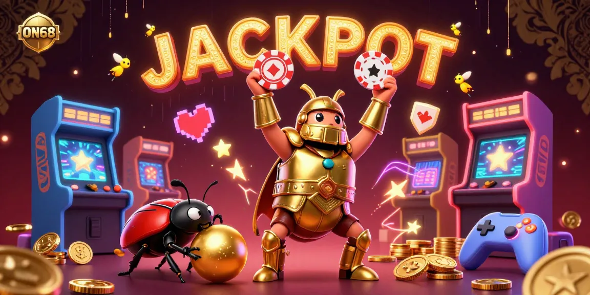 Experience the thrill of ON68 as the heroic beetle celebrates a jackpot victory in a dazzling casino scene.