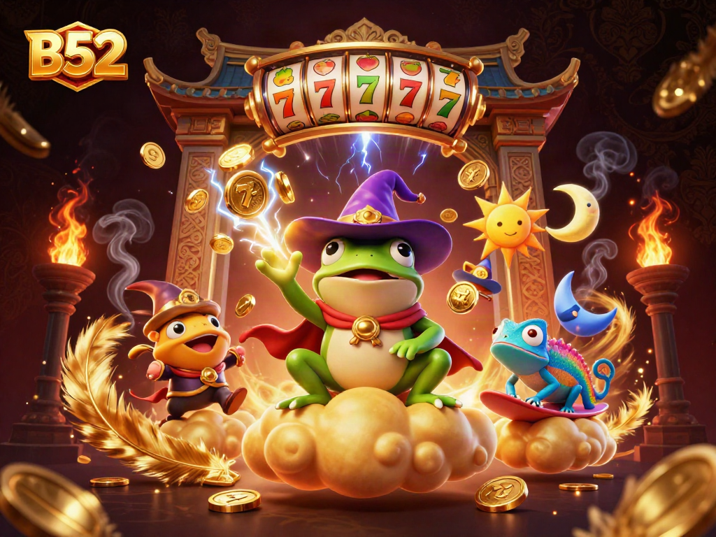 B52 casino experience with a wizard frog and colorful chameleon amidst slots and golden coins.