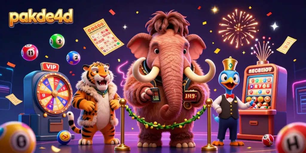Engaging pakde4d scene featuring a woolly mammoth bouncer, vibrant lottery elements, and celebratory atmosphere.
