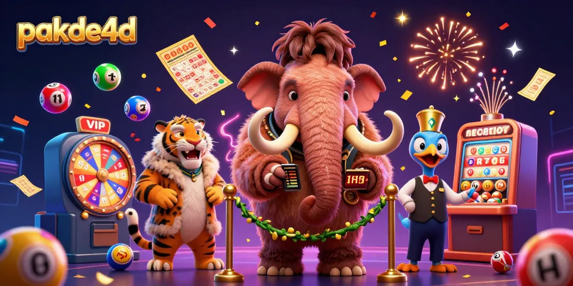Engaging pakde4d scene featuring a woolly mammoth bouncer, vibrant lottery elements, and celebratory atmosphere.