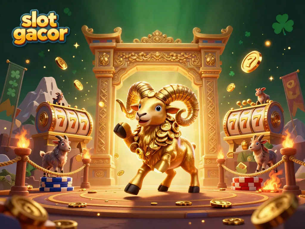 Experience thrilling slot gacor action with a golden ram charging through a dynamic casino scene.